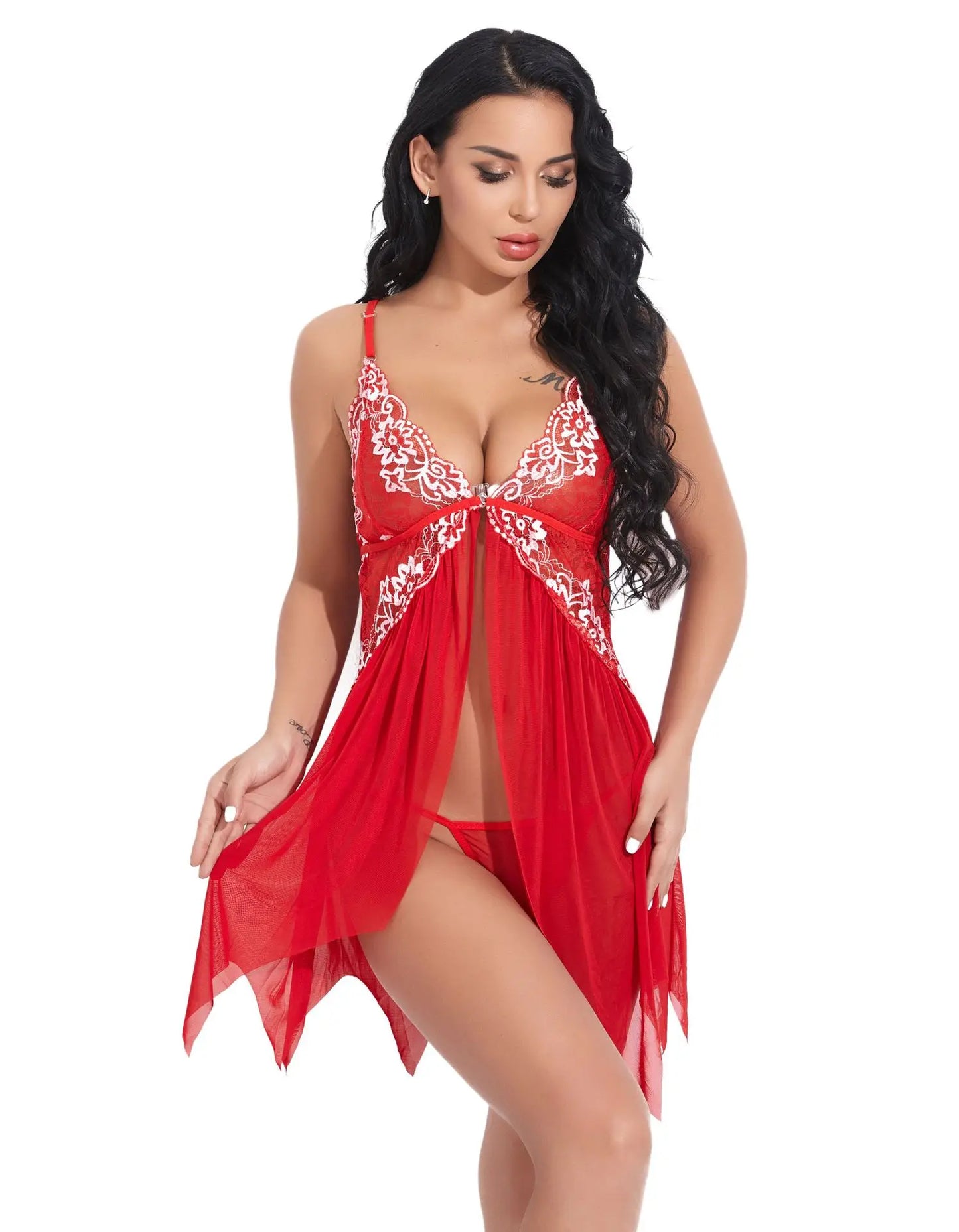 Chemise de nuit et string en dentelle transparente pour femmes, lingerie sexy