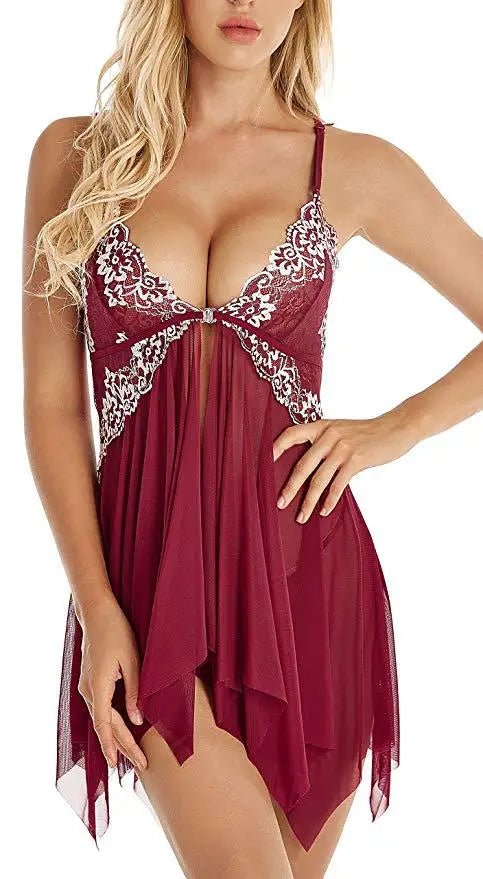 Chemise de nuit et string en dentelle transparente pour femmes, lingerie sexy