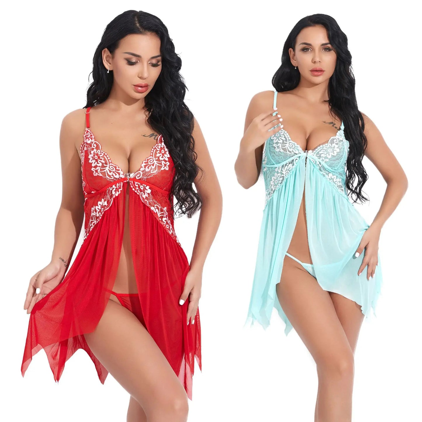 Chemise de nuit et string en dentelle transparente pour femmes, lingerie sexy