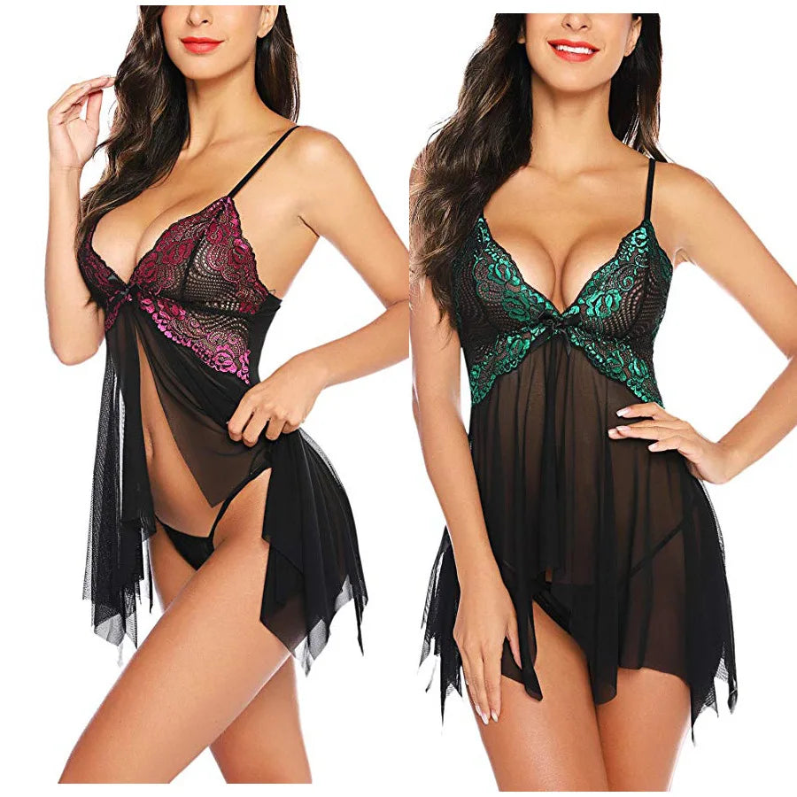 Chemise de nuit et string en dentelle transparente pour femmes, lingerie sexy