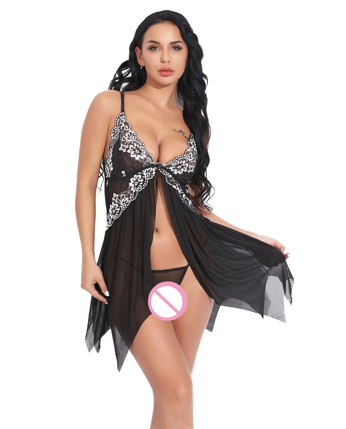 Chemise de nuit et string en dentelle transparente pour femmes, lingerie sexy