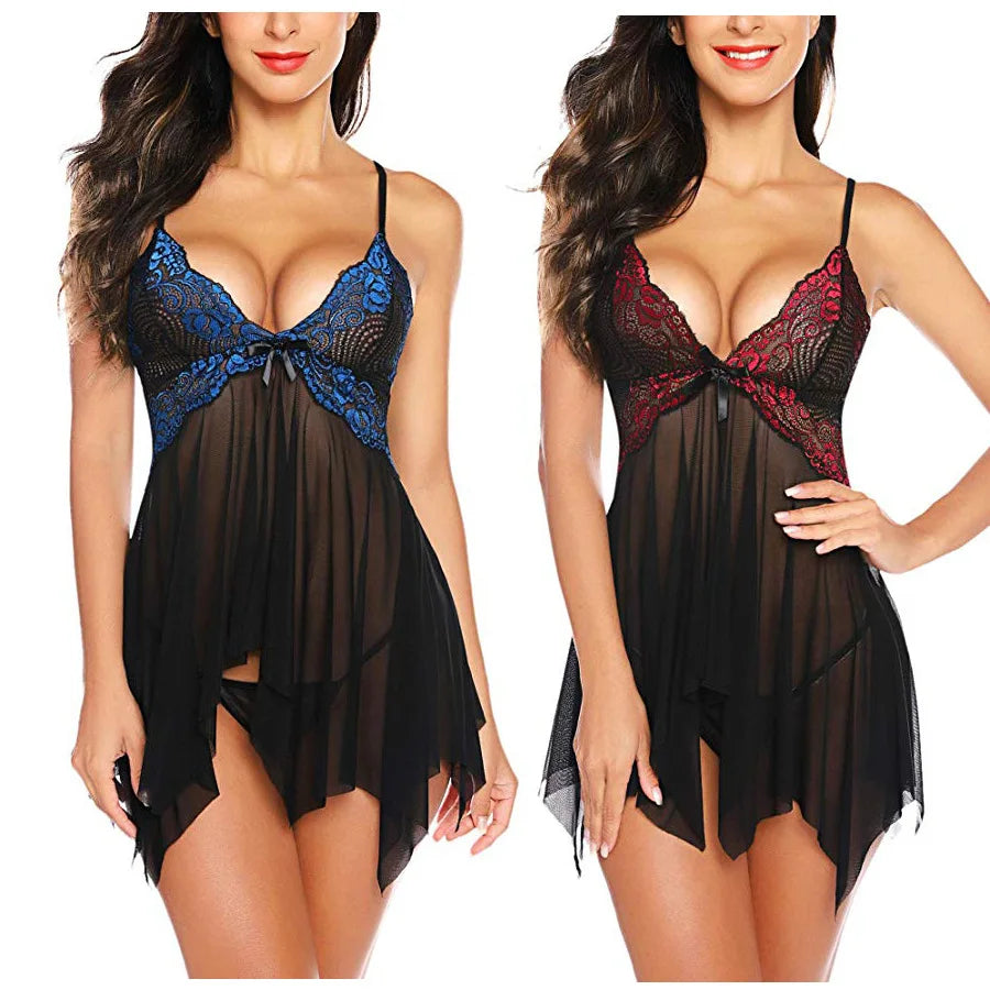 Chemise de nuit et string en dentelle transparente pour femmes, lingerie sexy