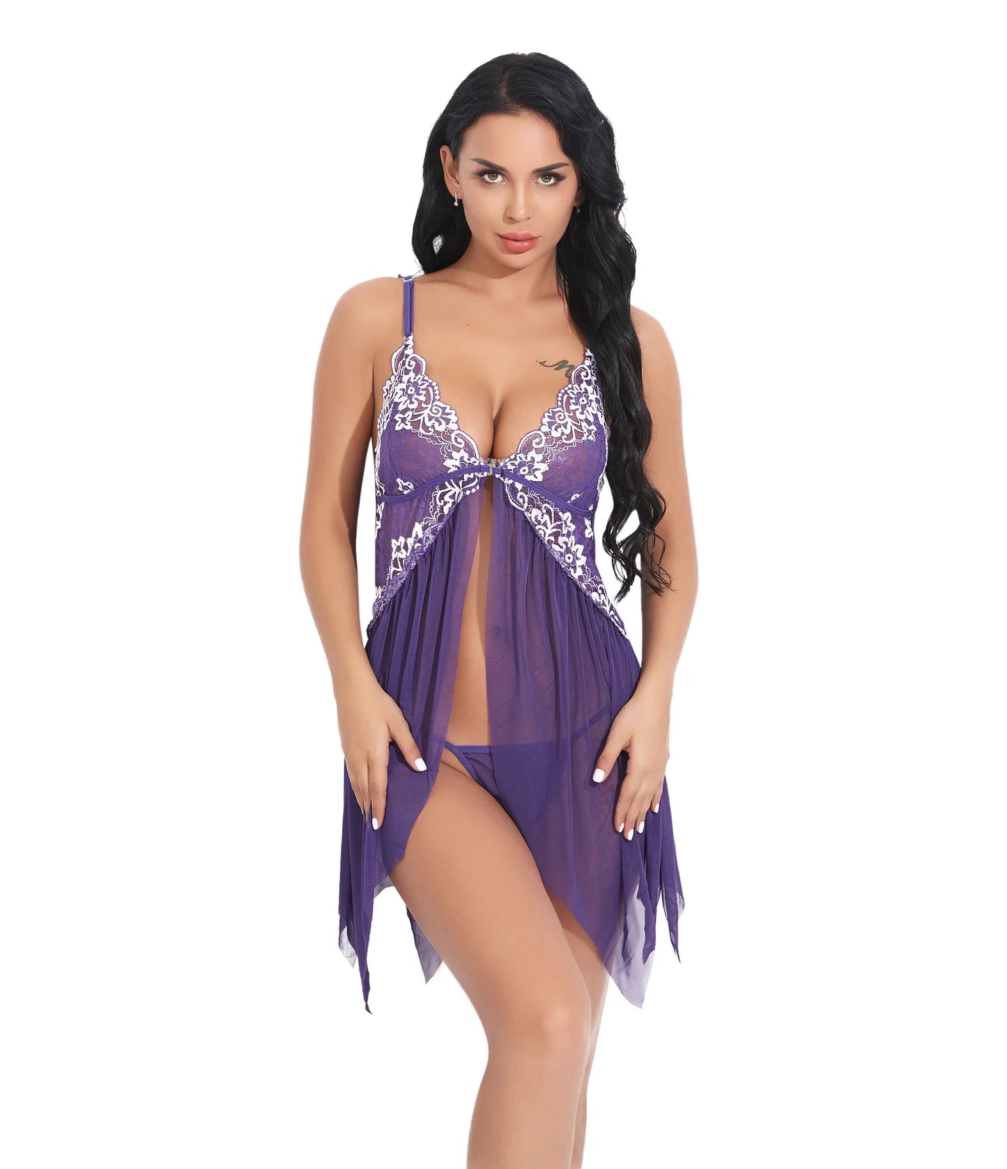 Chemise de nuit et string en dentelle transparente pour femmes, lingerie sexy