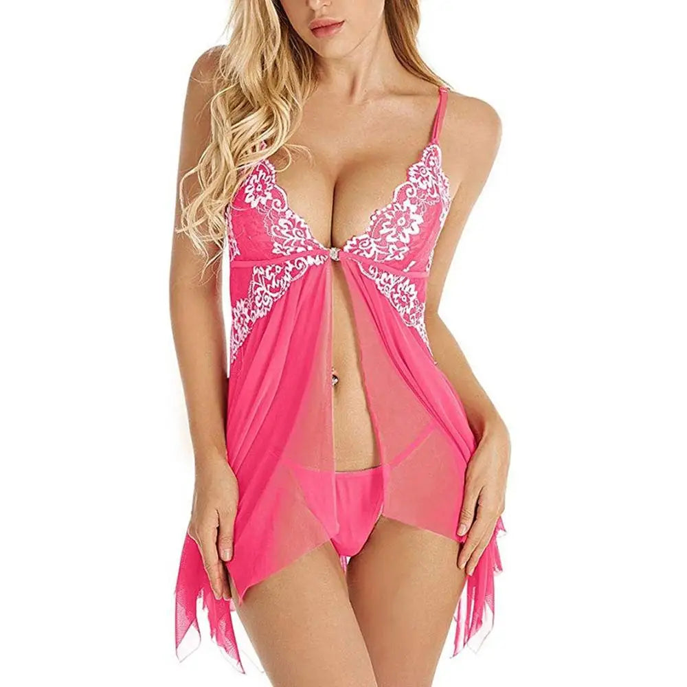 Chemise de nuit et string en dentelle transparente pour femmes, lingerie sexy