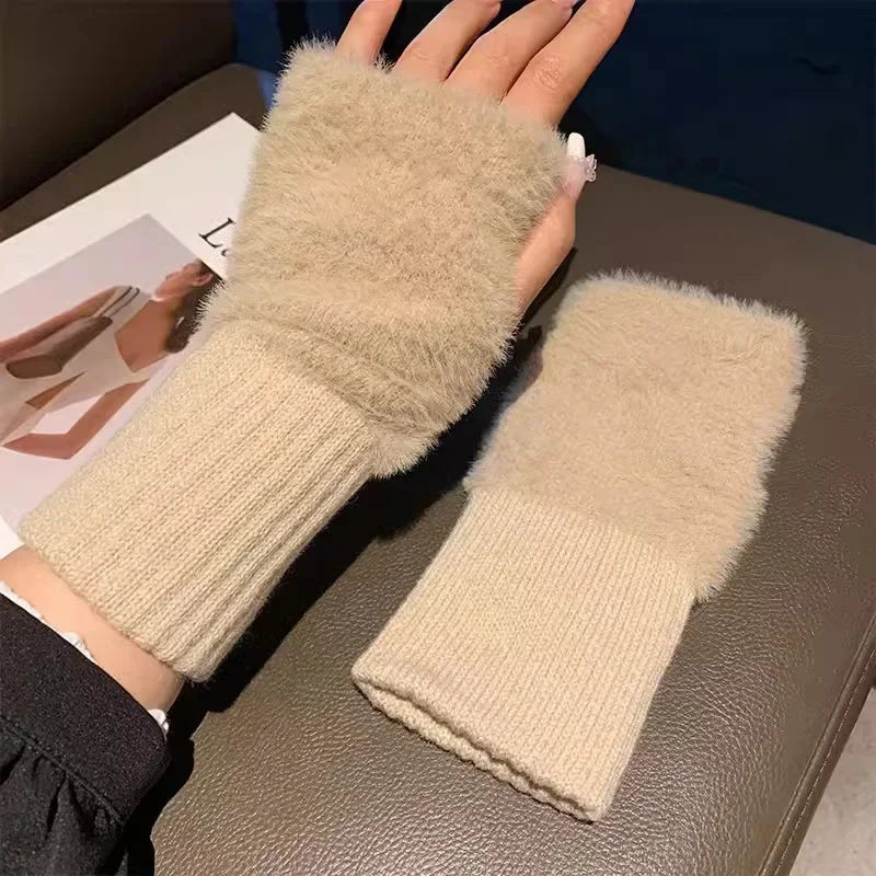 Gants Demi-Doigt en Peluche Blanc Uni