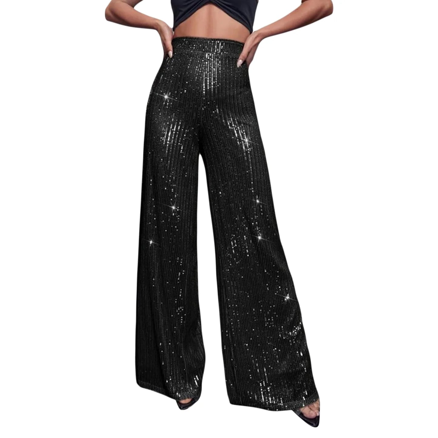 Pantalon Évasé à Paillettes pour Femme, Taille Haute,