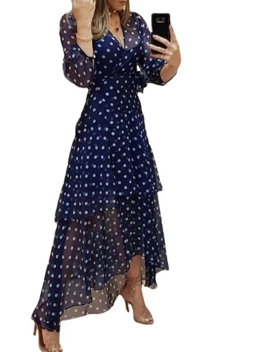 Robe maxi taille haute à col en V pour femmes, imprimé à pois,