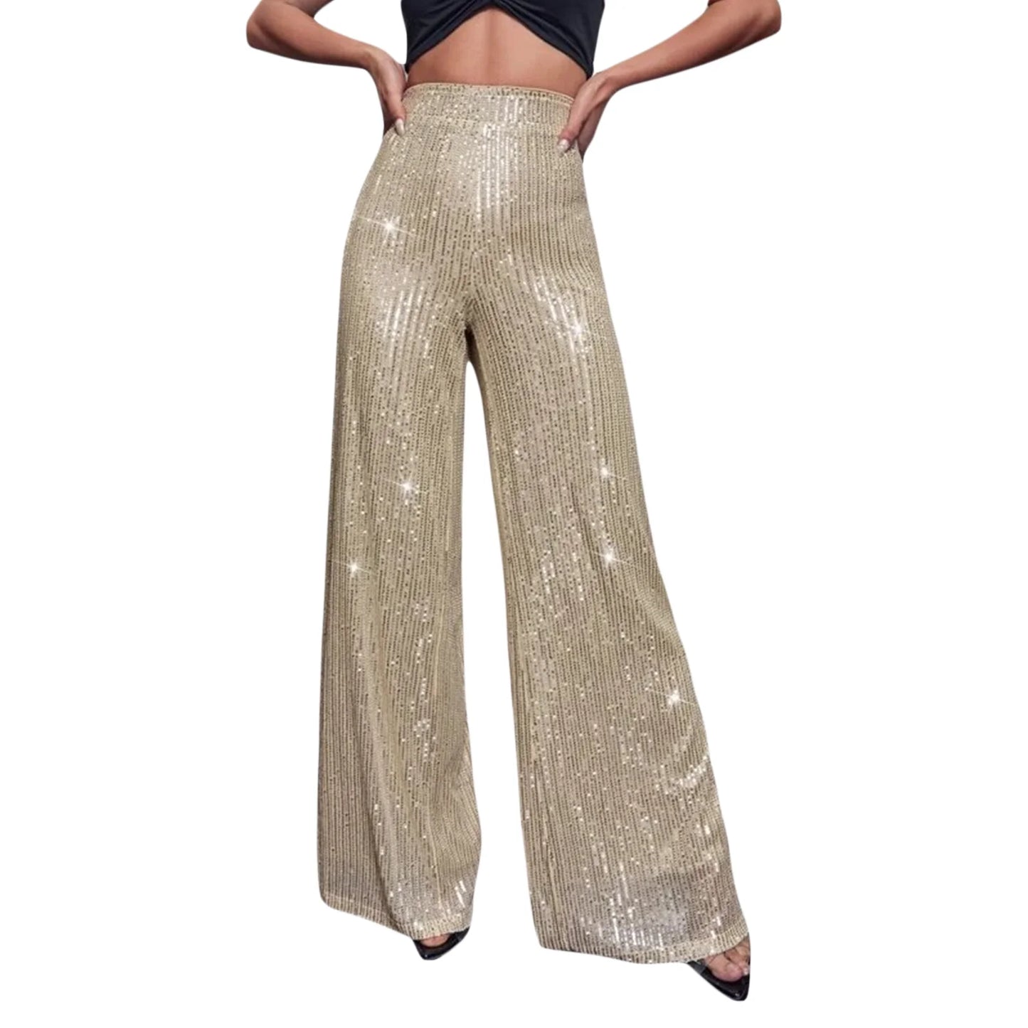 Pantalon Évasé à Paillettes pour Femme, Taille Haute,