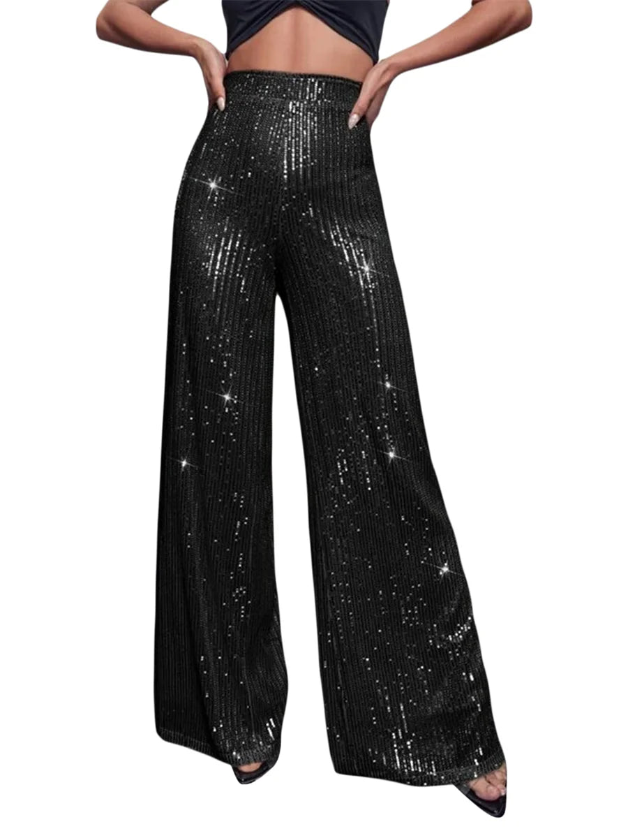 Pantalon Évasé à Paillettes pour Femme, Taille Haute,